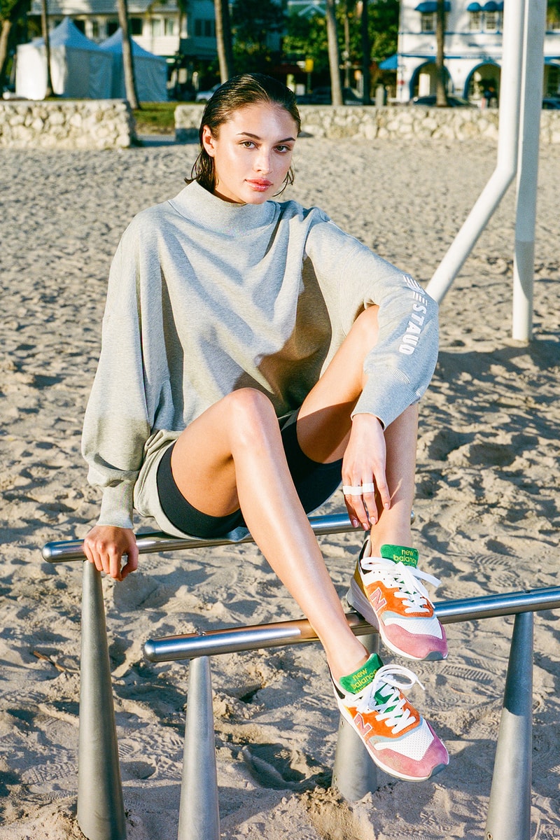 new balance staud collaboration 997 sneakers crop tops leggings shorts activewear bags green blue pink 