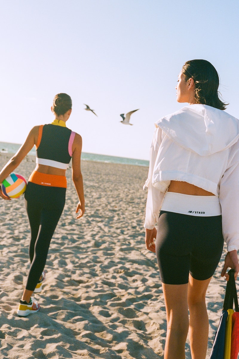 new balance staud collaboration 997 sneakers crop tops leggings shorts activewear bags green blue pink 