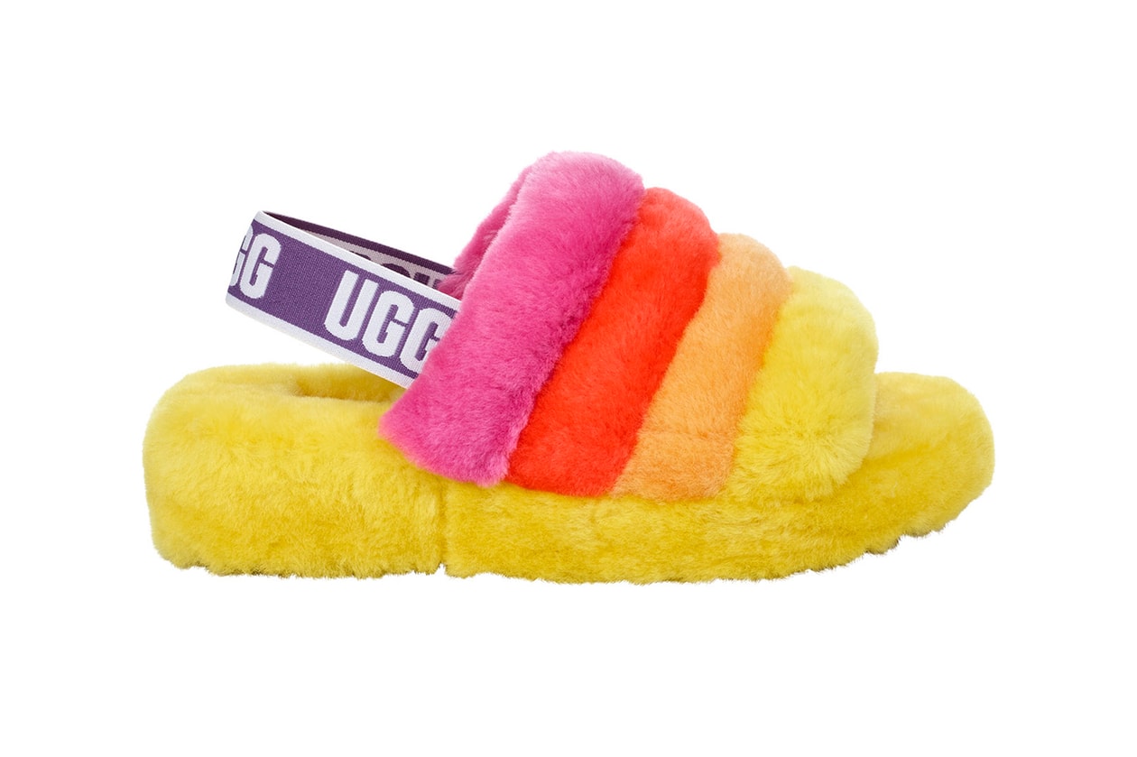 ugg all gender unisex pride month lgbtq collection disco checker slide fluff yeah rainbow colorway