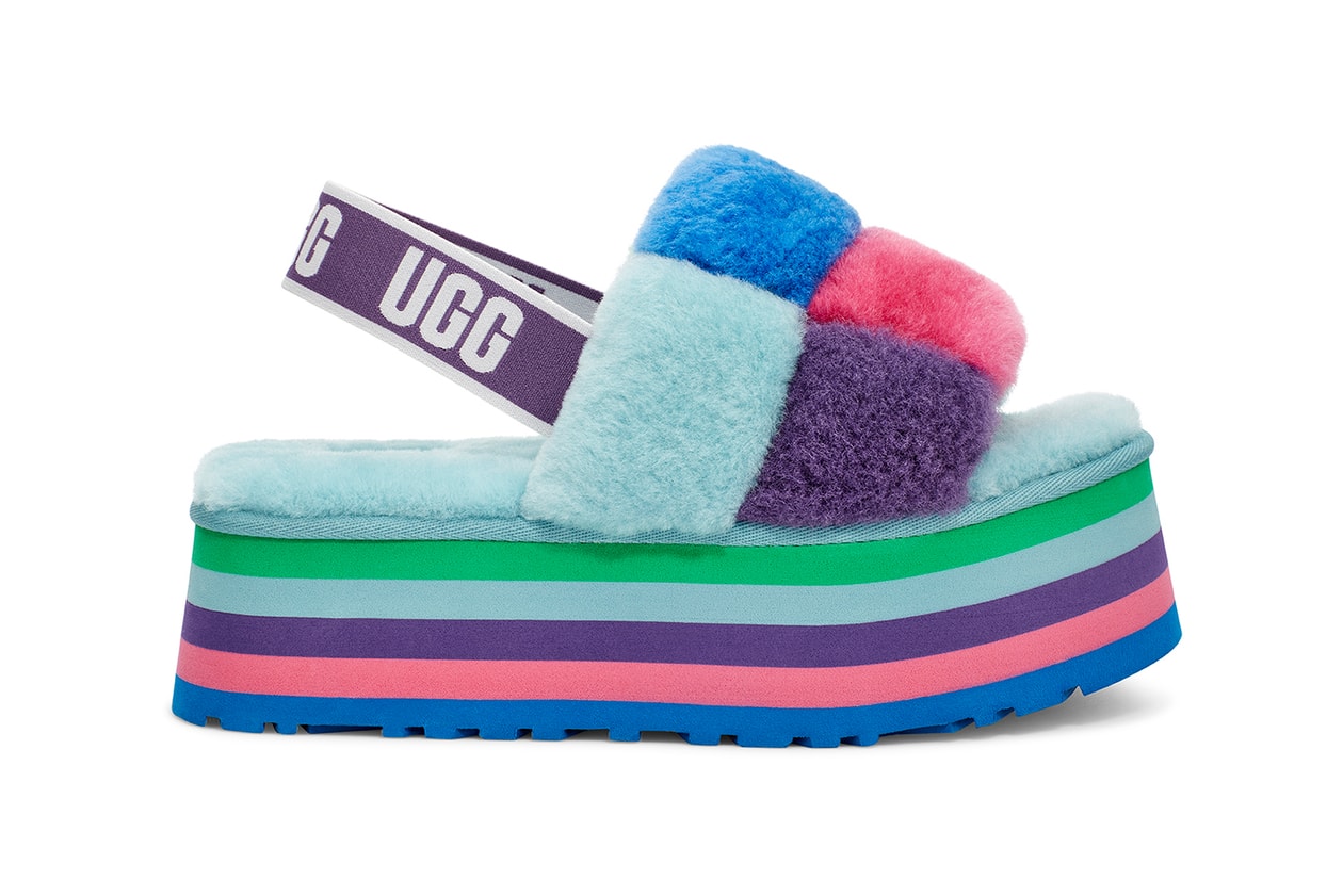 ugg all gender unisex pride month lgbtq collection disco checker slide fluff yeah rainbow colorway