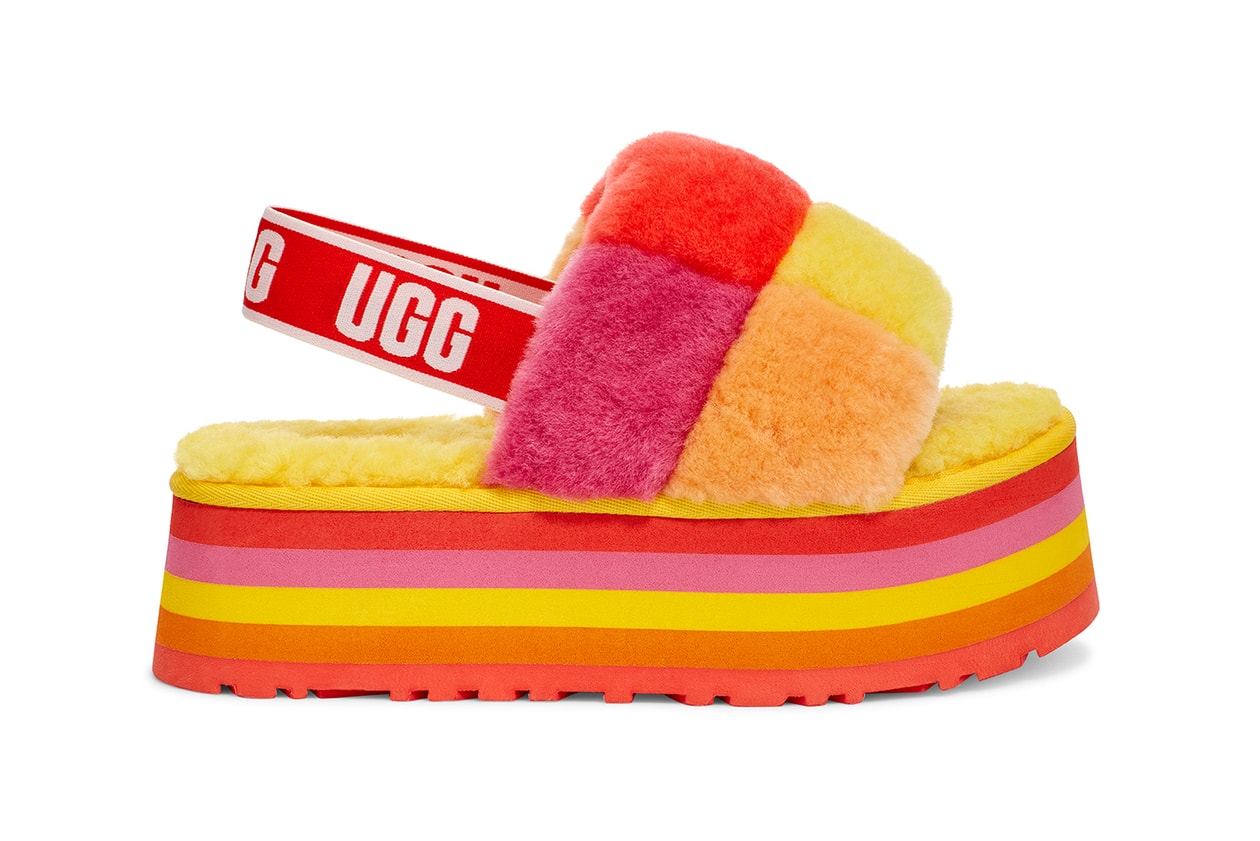 ugg all gender unisex pride month lgbtq collection disco checker slide fluff yeah rainbow colorway