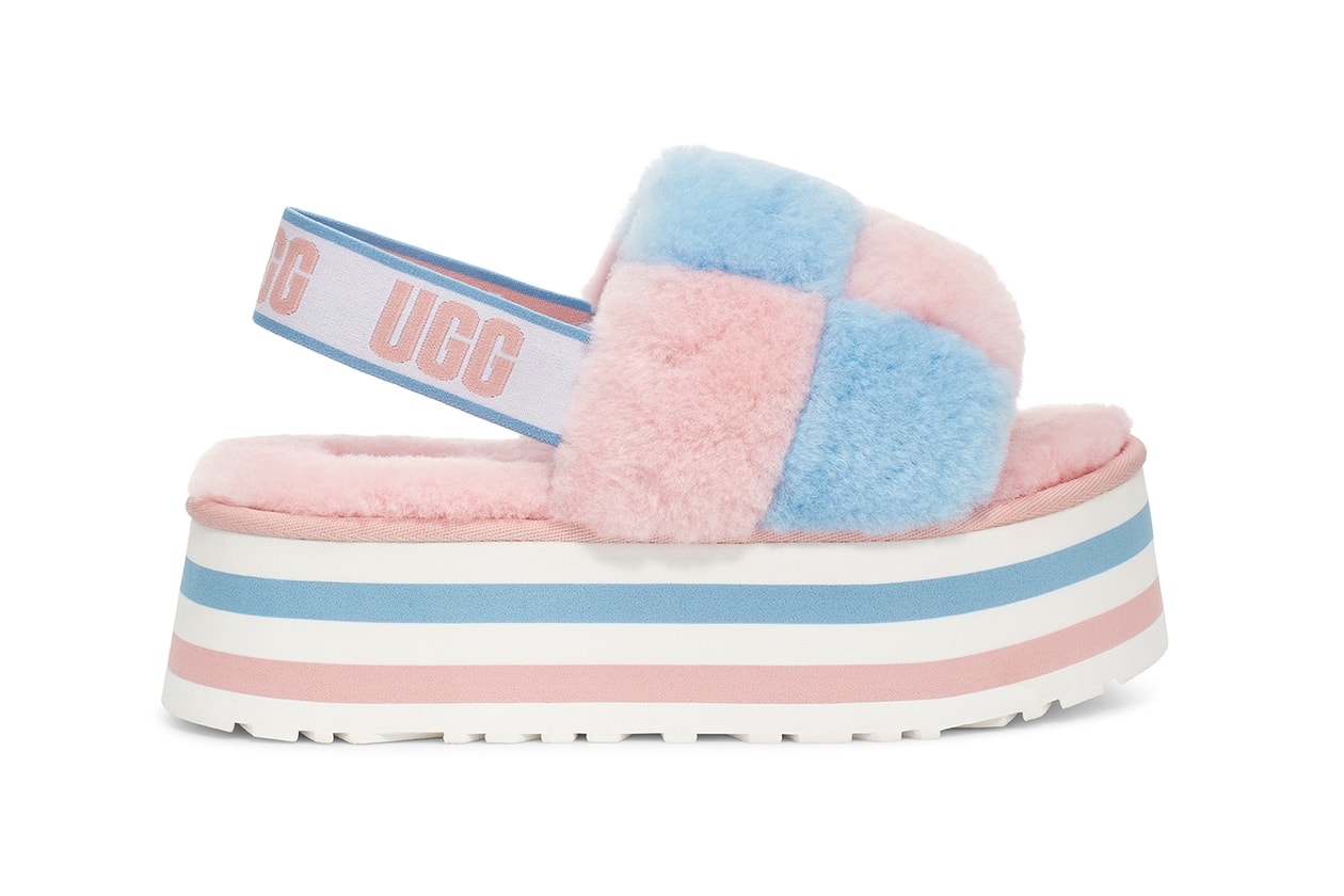 ugg all gender unisex pride month lgbtq collection disco checker slide fluff yeah rainbow colorway