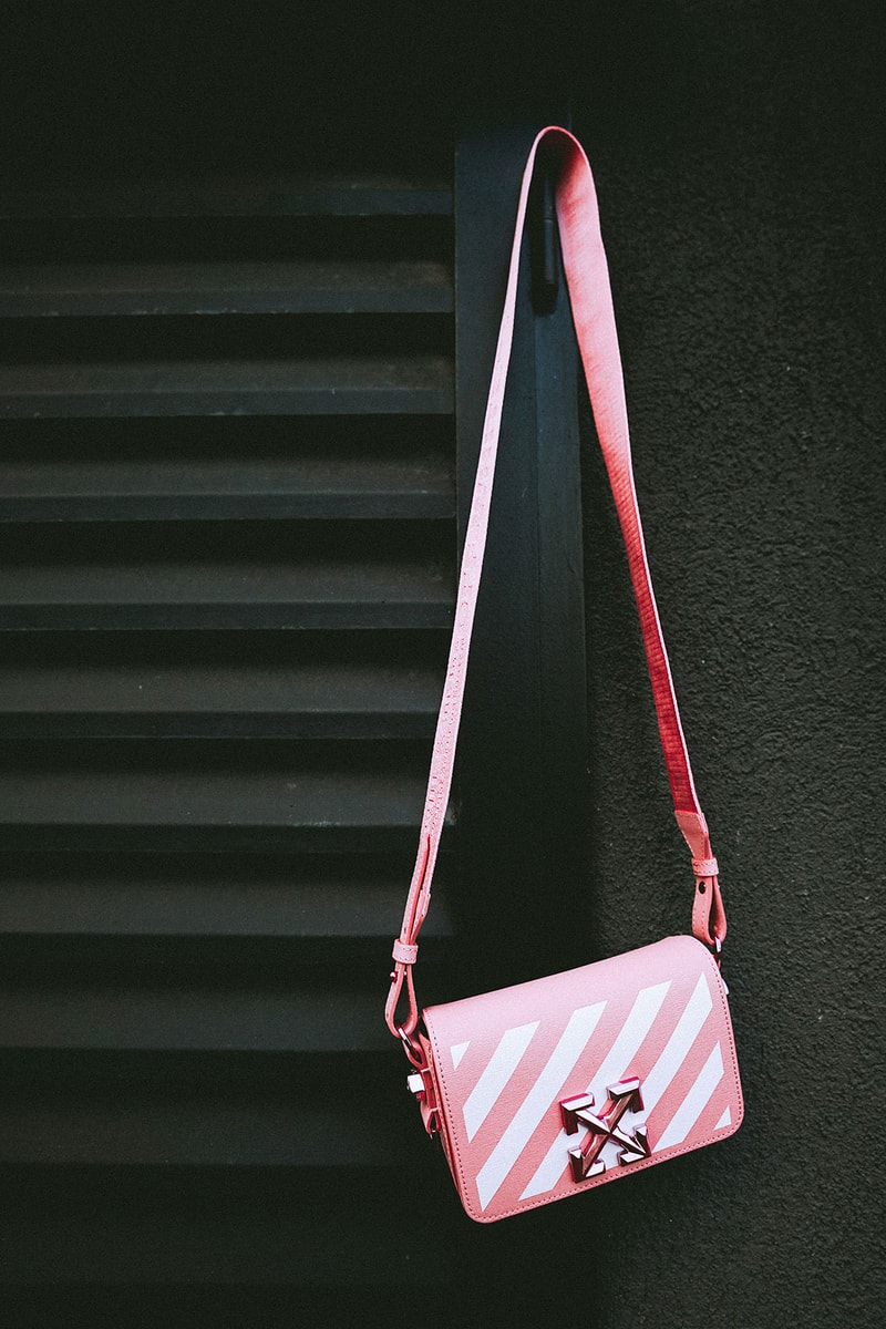 off white virgil abloh paragon singapore exclusive collection t shirts saffiano leather bag shorts pink 