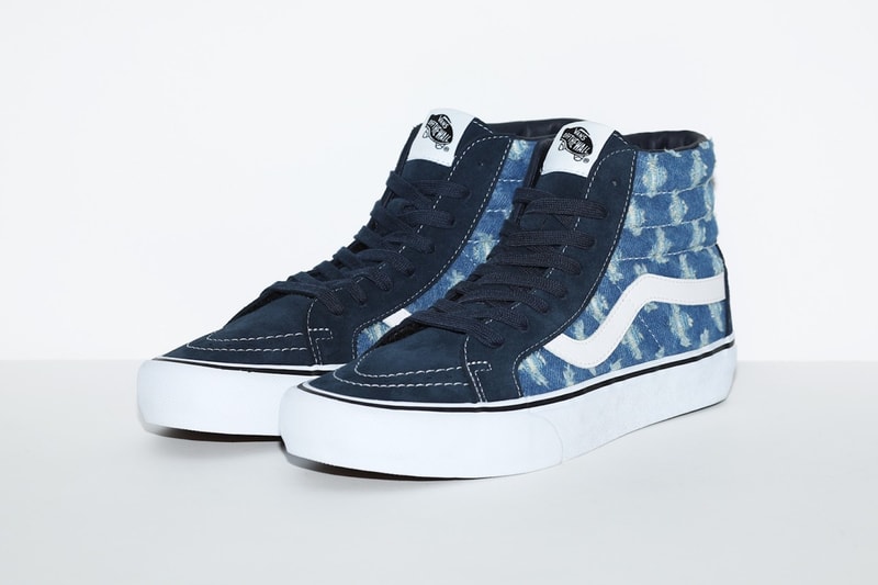 supreme vans collaboration distressed denim pack sk8 hi slip on pros sneakers black blue white shoes footwear sneakerhead