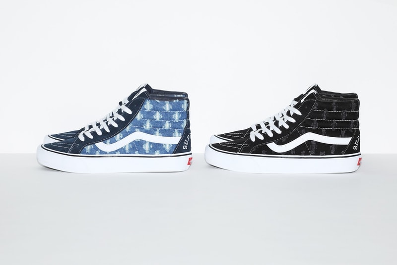 supreme vans collaboration distressed denim pack sk8 hi slip on pros sneakers black blue white shoes footwear sneakerhead