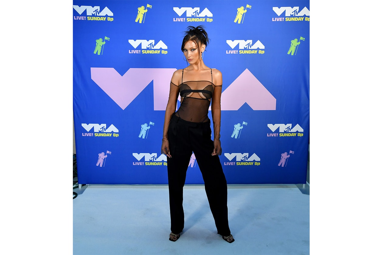 2020 mtv vmas best red carpet looks bella hadid sheer black top trousers