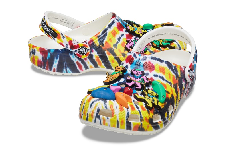 crocs chinatown market grateful dead rainbow tie dye collaboration jibbitz charms dancing bears rock climbing clogs release