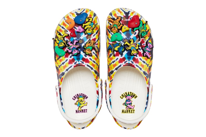 crocs chinatown market grateful dead rainbow tie dye collaboration jibbitz charms dancing bears rock climbing clogs release