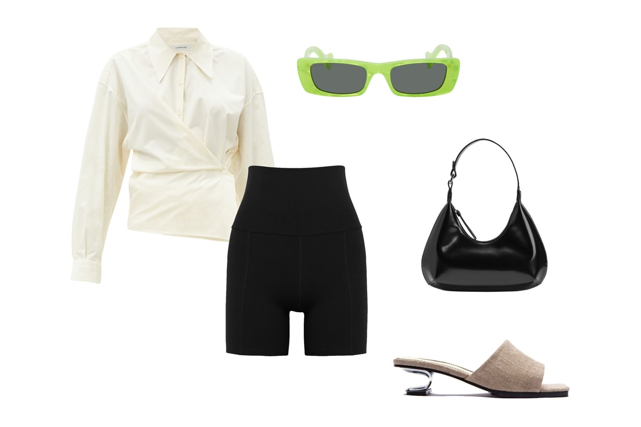 Live the Process Geometric Black Stretch Jersey Shorts Lemaire Cotton Poplin Wraparound Shirt Nicole Saldana Sara Heels Gucci Green Geometric Sunglasses