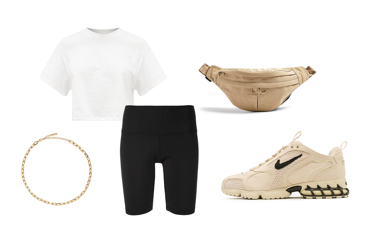 WARDROBE.NYC Release 02 Bike Shorts X Karla the Crop Cotton Jersey T-Shirt Topshop Babs Double Pocket Nylon Bumbag Numbering Gold Chain Necklace Stussy Nike Air Spiridin Cage 2 Fossil