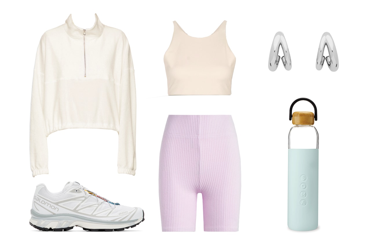Leset Alison Ribbed Stretch Knit Shorts Gil Rodriguez SSENSE Exclusive White Terry Diana Half Zip Sweatshirt Girlfriend Collective Topanga Stretch Sports Bra Salomon White Limited Edition XT6 Adv Sneakers Portrait Report Silver Double Hoop Earrings SOMA Glass Water Bottle