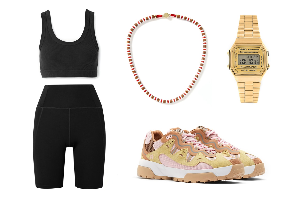 Girlfriend Collective Bike Stretch Shorts Alo Yoga Wellness Ribbed Stretch Sports Bra Roxanne Assoulin U Tube Wood Necklace GOLF le FLEUR Converse Gianno Ox Parfait Pink Casio Gold Watch