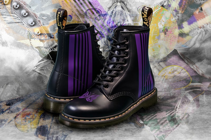 needles dr. martens 1460 remastered collaboration boots purple butterflies 