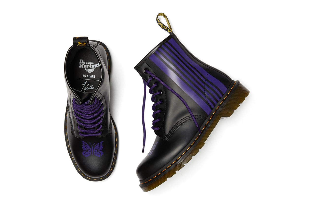 needles dr. martens 1460 remastered collaboration boots purple butterflies 