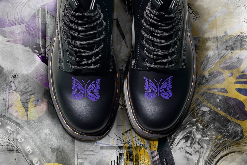needles dr. martens 1460 remastered collaboration boots purple butterflies 
