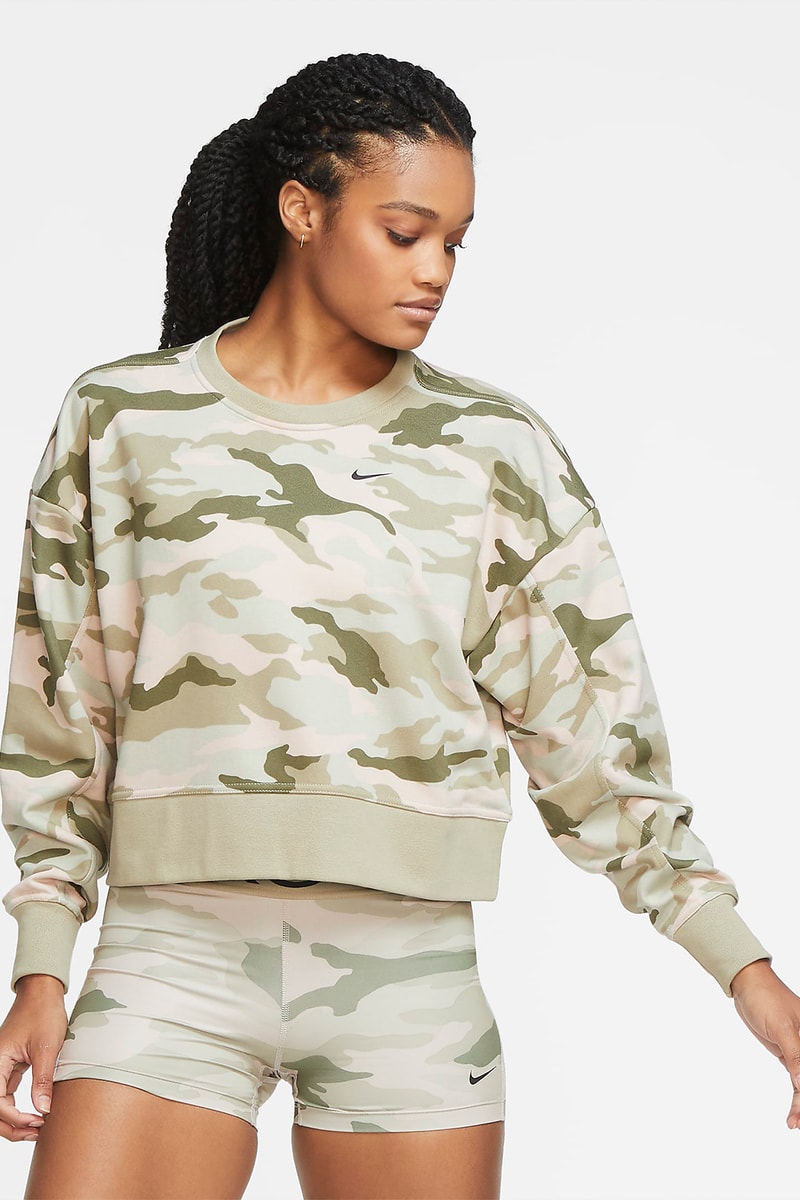 nike sportswear womens dri fit camo training crew shorts set olive green