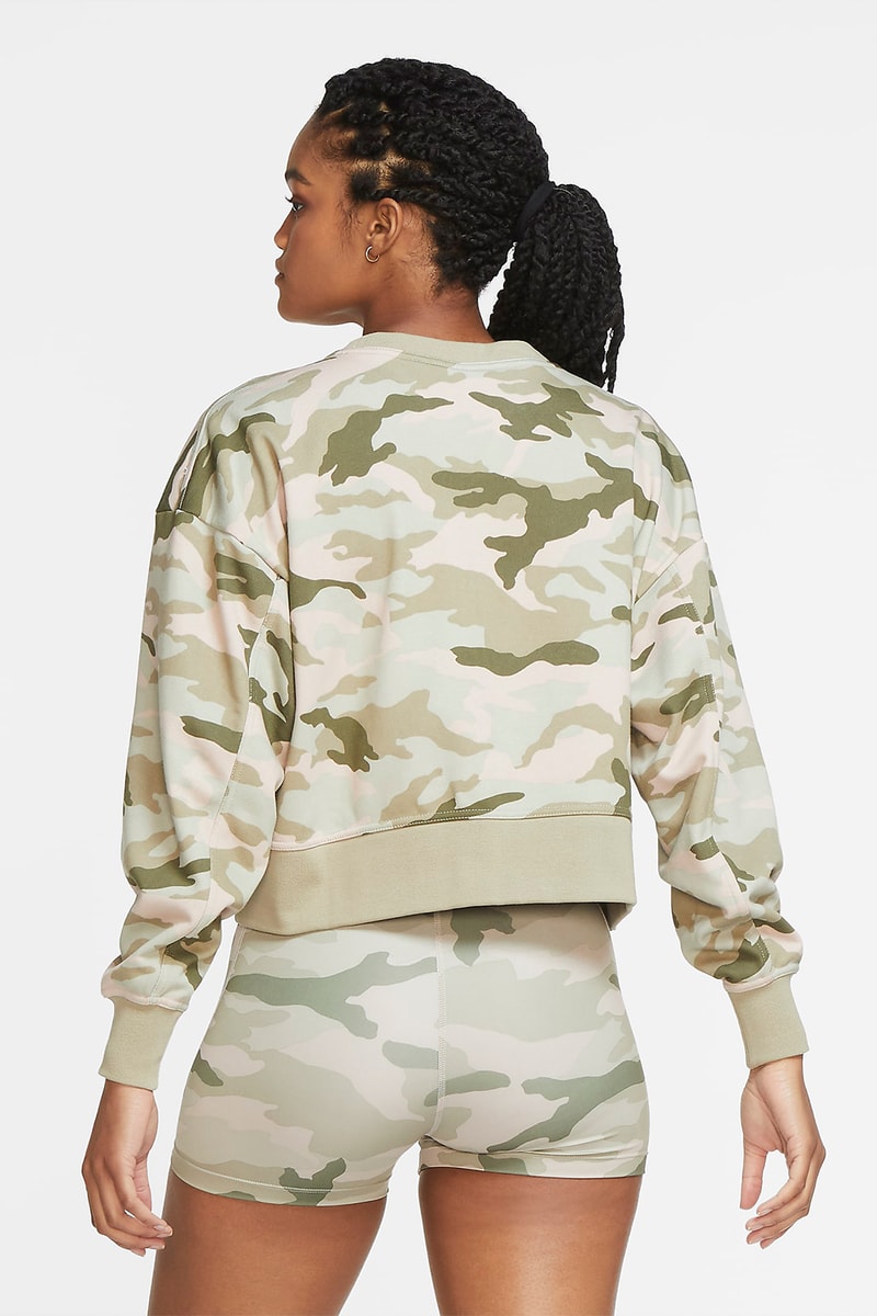 nike sportswear womens dri fit camo training crew shorts set olive green