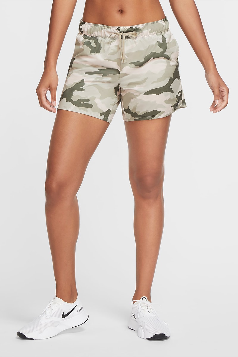nike sportswear womens dri fit camo training crew shorts set olive green