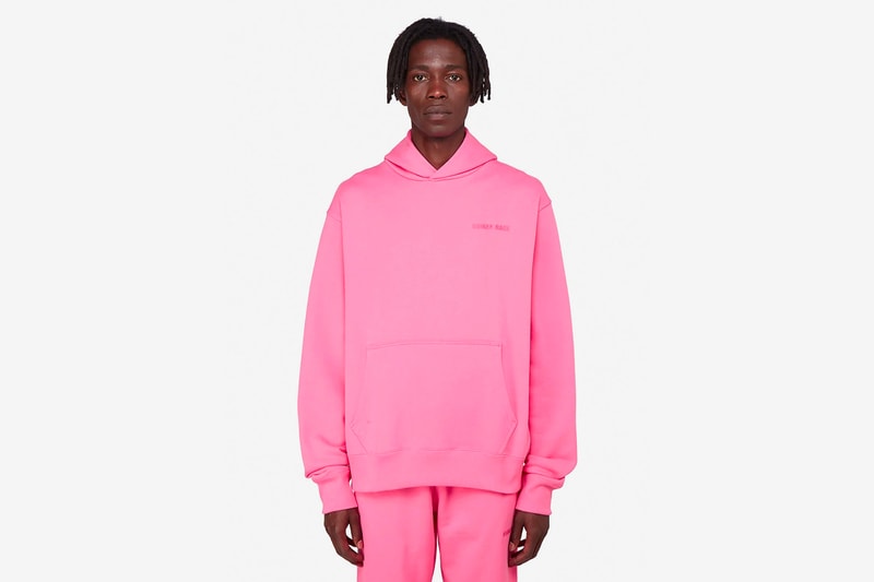 pharrell williams adidas originals basics line release hoodies t-shirts sweatpants slides slippers pink yellow