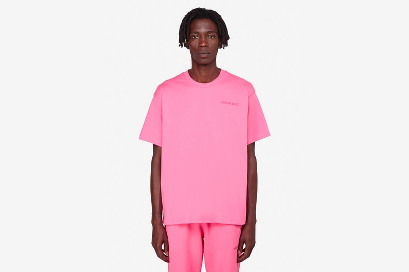 pharrell williams adidas originals basics line release hoodies t-shirts sweatpants slides slippers pink yellow