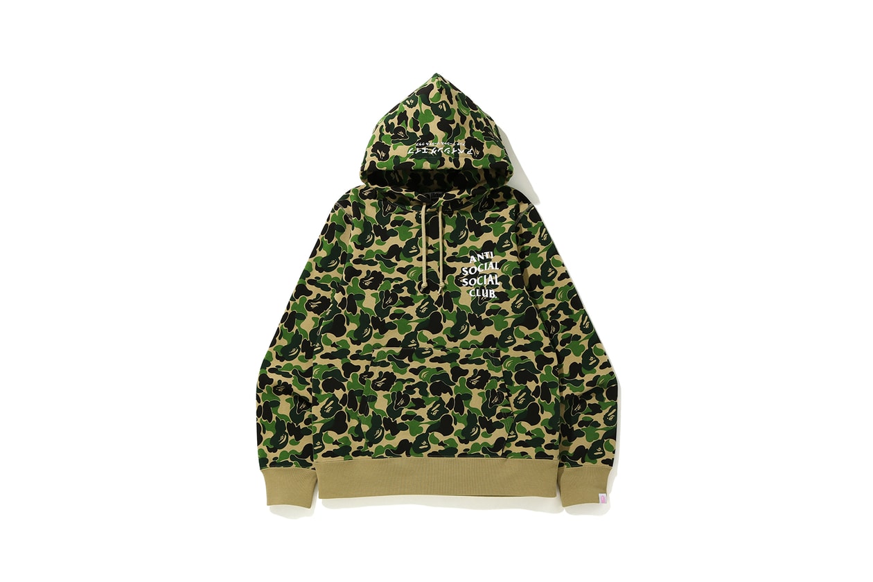 anti social social club assc a bathing ape bape fall collaboration hoodies tees camo green red