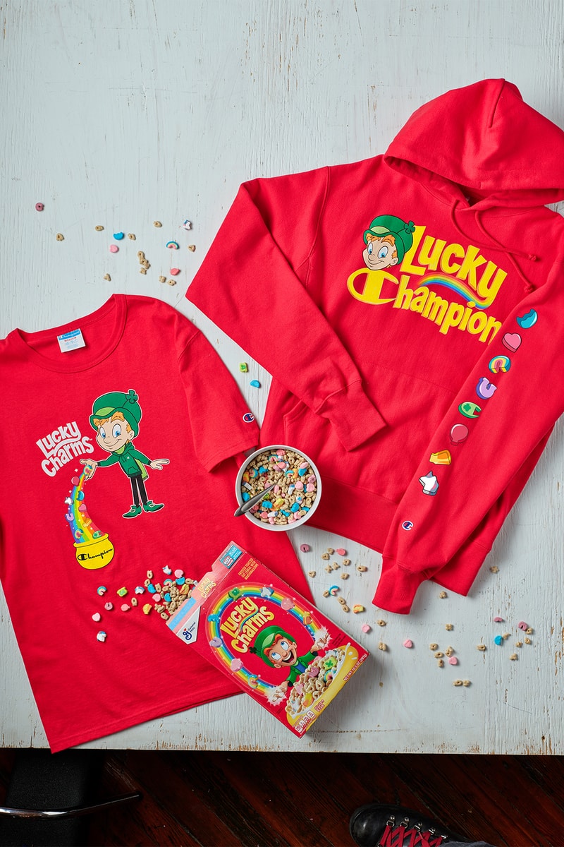 champion general mills collaboration cereal hoodies tees lucky charms cinnamon toast crunch red gray