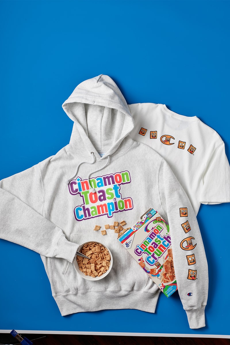 champion general mills collaboration cereal hoodies tees lucky charms cinnamon toast crunch red gray