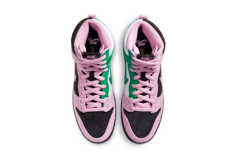 nike sb dunk high invert celtics white green pink black suede release price info