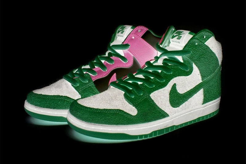 nike sb dunk high invert celtics white green pink black suede release price info