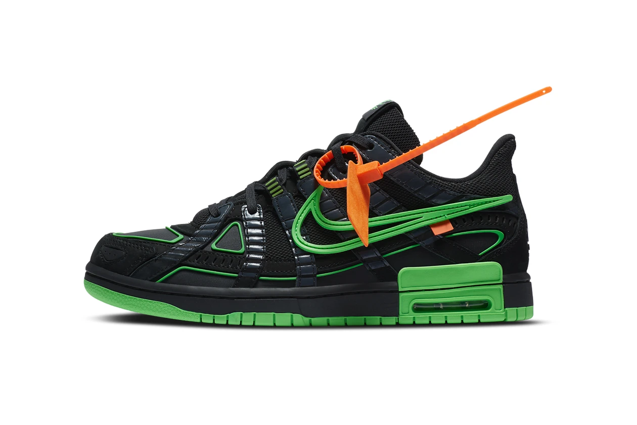 off white nike air rubber dunk green strike university blue virgil abloh official look release info