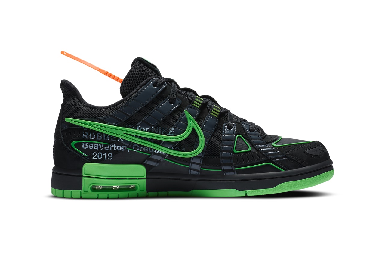 off white nike air rubber dunk green strike university blue virgil abloh official look release info