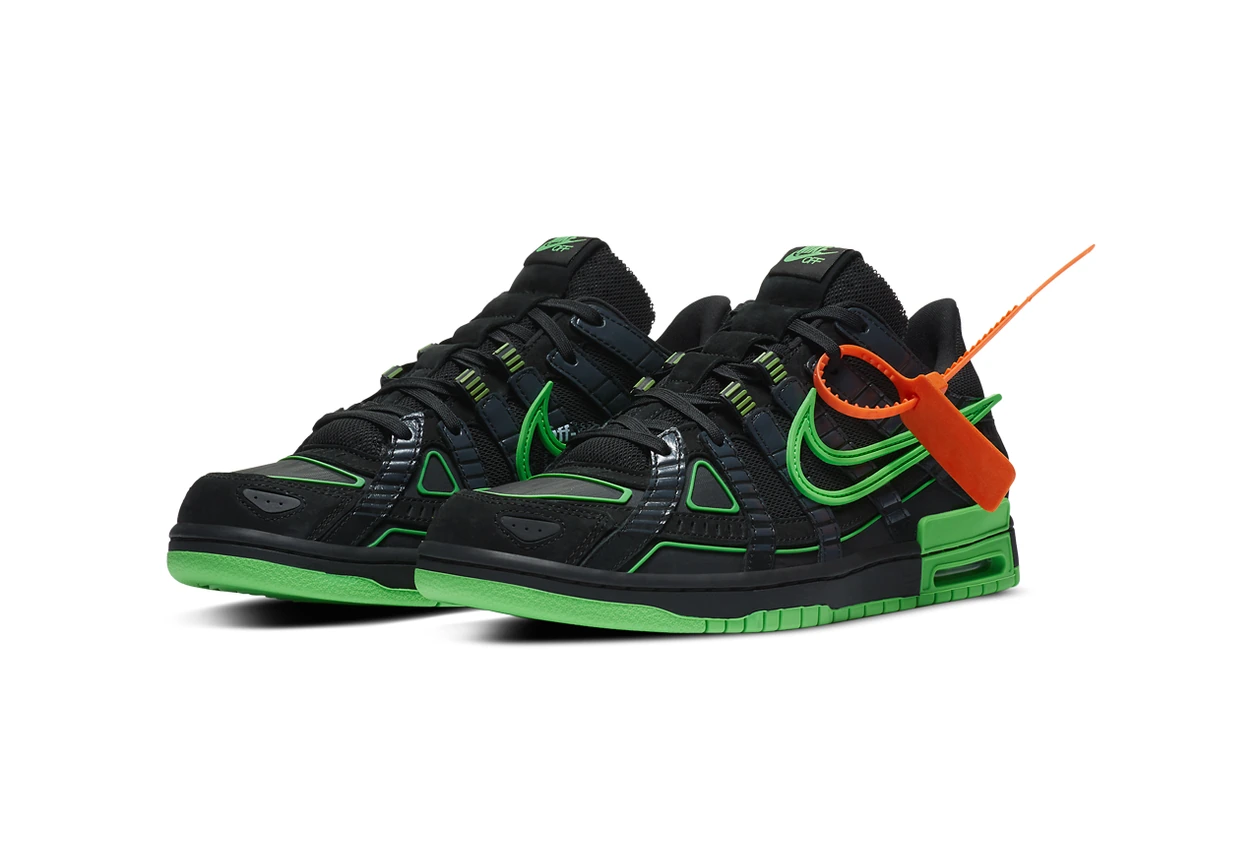 off white nike air rubber dunk green strike university blue virgil abloh official look release info