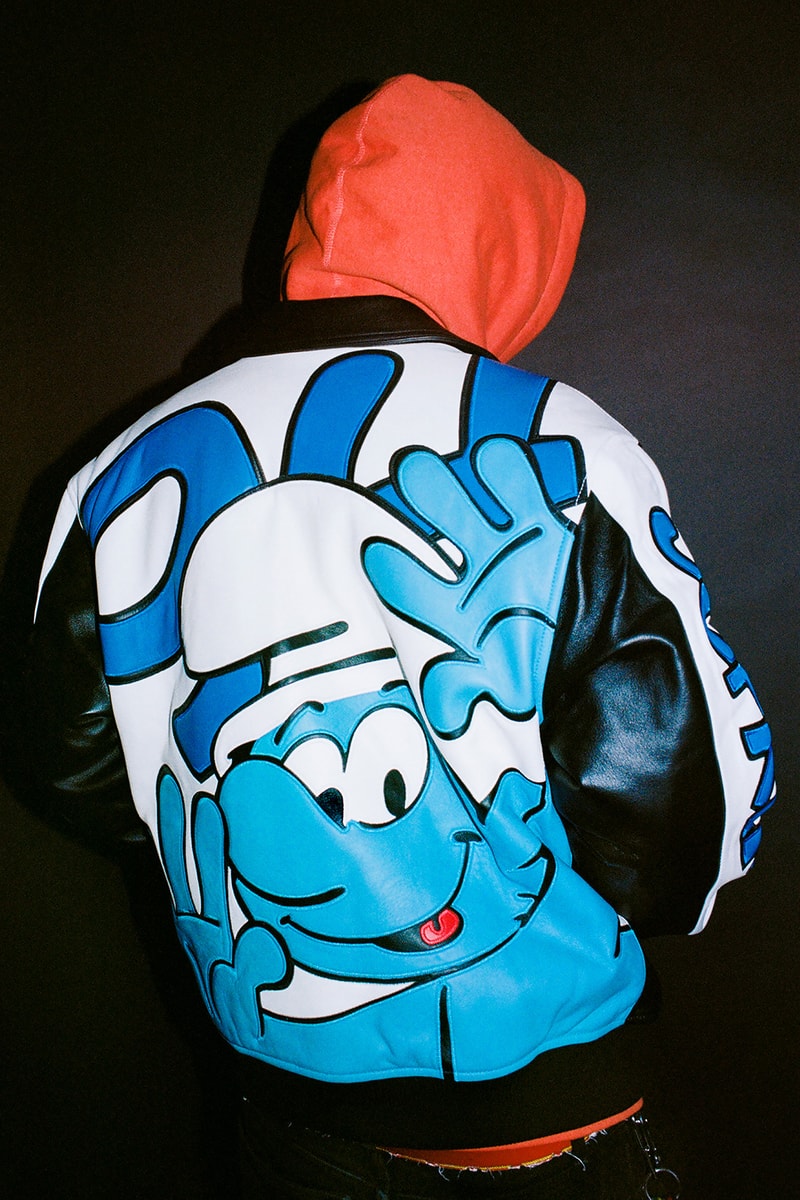 supreme the smurfs collaboration full look leather jackets gore-tex hoodies beanies release info