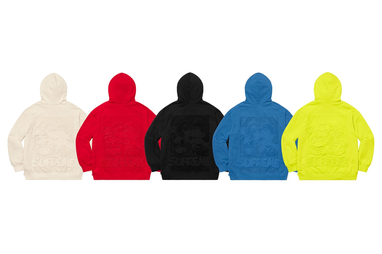 supreme the smurfs collaboration full look leather jackets gore-tex hoodies beanies release info