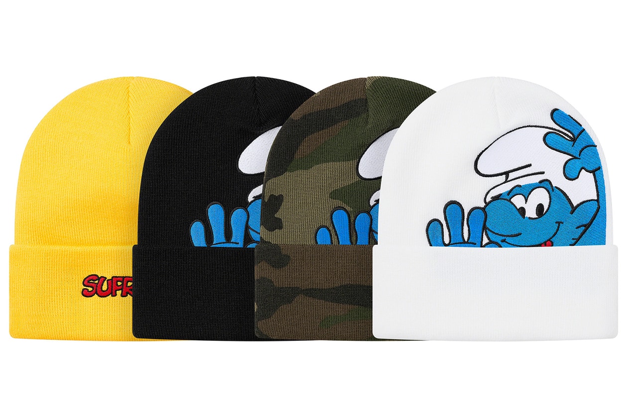 supreme the smurfs collaboration full look leather jackets gore-tex hoodies beanies release info