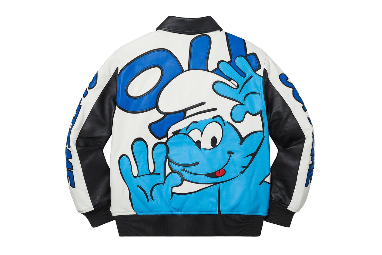 supreme the smurfs collaboration full look leather jackets gore-tex hoodies beanies release info