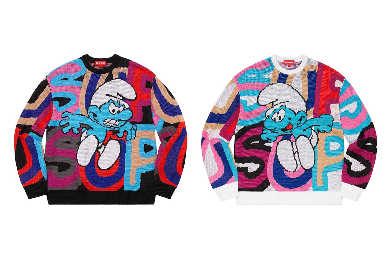 supreme the smurfs collaboration full look leather jackets gore-tex hoodies beanies release info