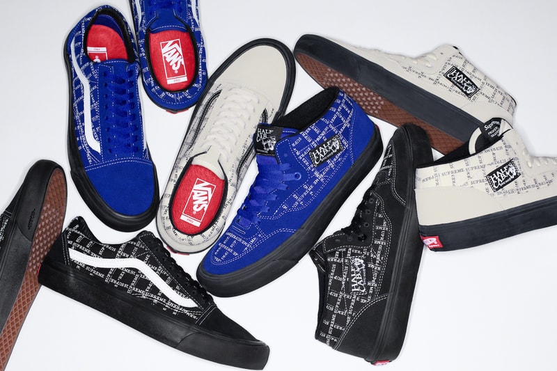 supreme vans collaboration half cab old skool pro sneakers white blue black shoes footwear sneakerhead