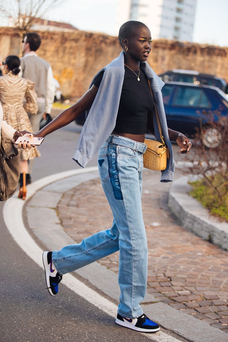 Adut Akech South Sudanese Model Supermodel Off Duty Fashion Week Outfit Fendi Bag Baggy Jeans Blue Outfit Nike Sneakers