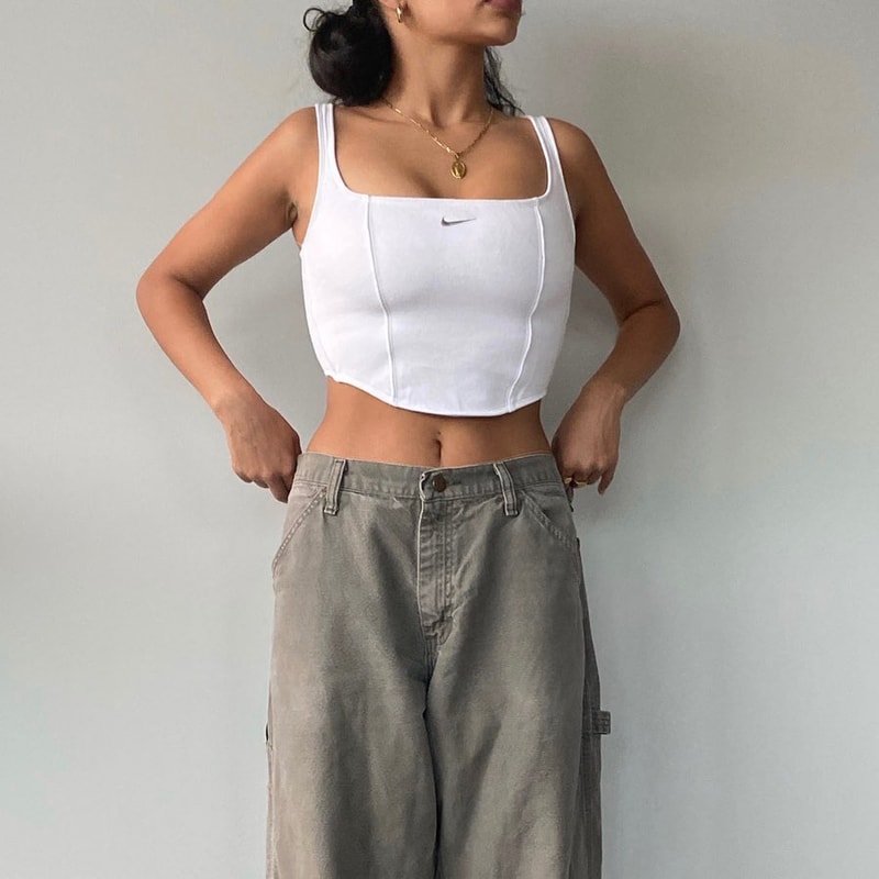 Frankie Collective Reworked Sweatshirt Bustiers Nike White Swoosh Logo Corset Vintage Upcycled Fashion 