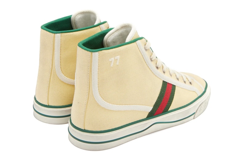 gucci tennis 1977 high-top sneakers canvas ivory green red stripes price info