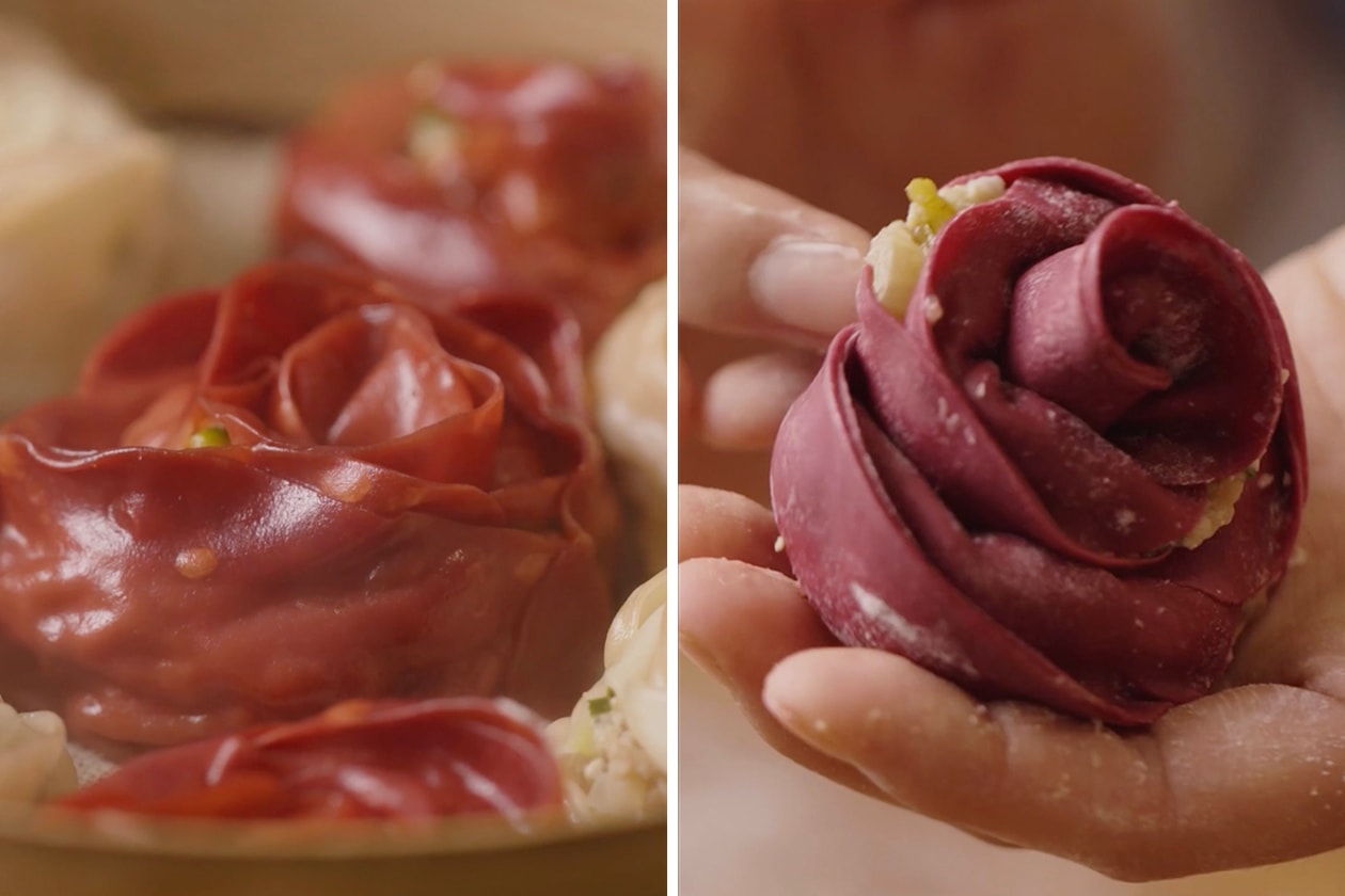 Rose Shaped Dumplings Red Pink Petals Dough Skin Pork Onion Filling Steam Basket Asian Korean Food Chef Esther Choi