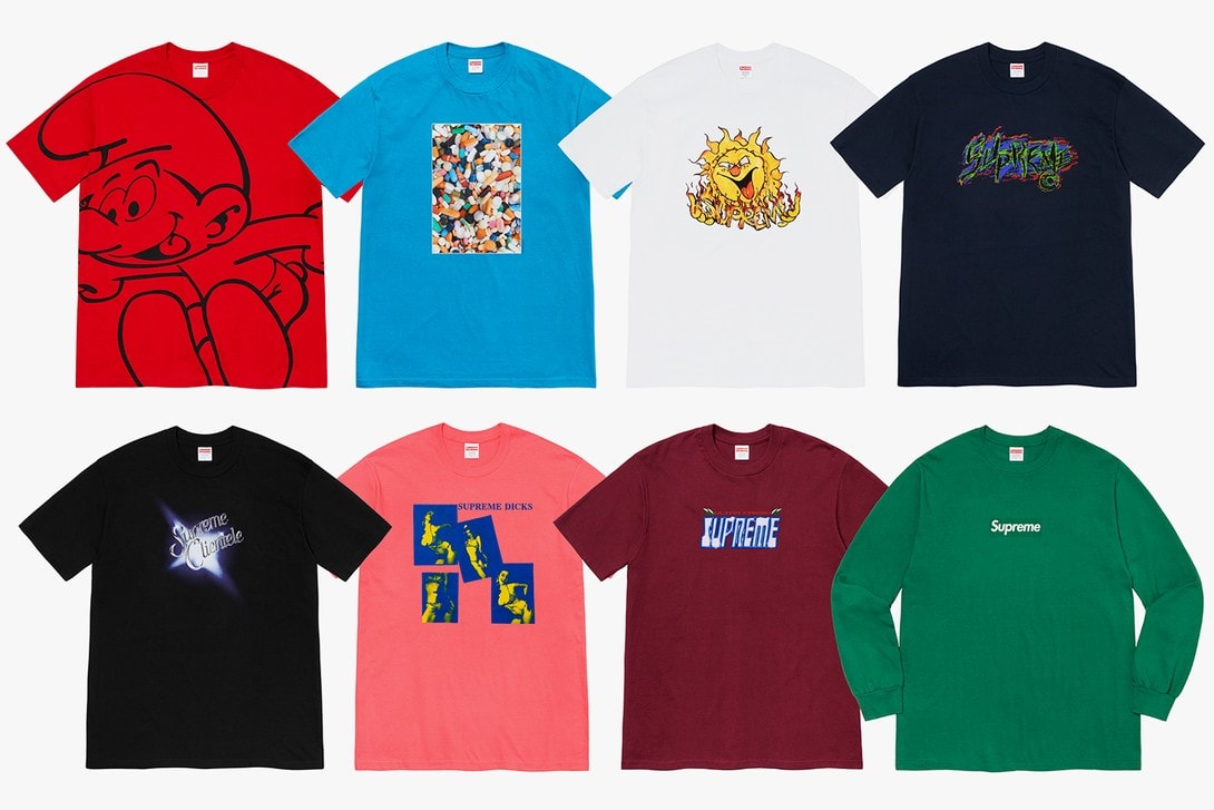 supreme fall winter tees t-shirts box logo the smurfs collaboration pills release info