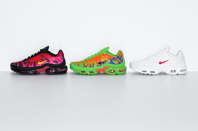 supreme nike collaboration air max plus sneakers black red neon green orange white shoes footwear sneakerhead