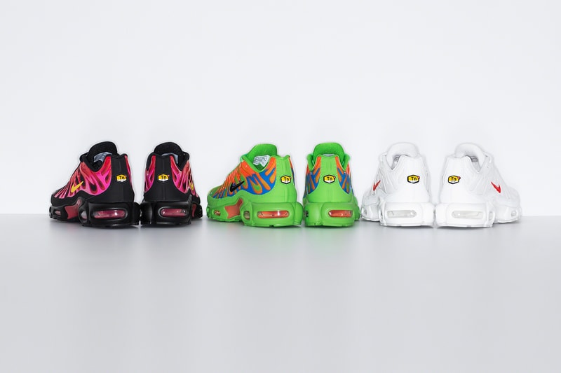 supreme nike collaboration air max plus sneakers black red neon green orange white shoes footwear sneakerhead