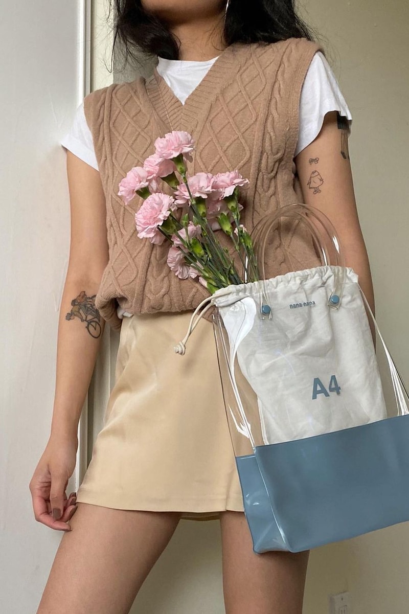 sweater vest trend beige white t-shirt flowers A4 crossbody clear pvc bag pameluft