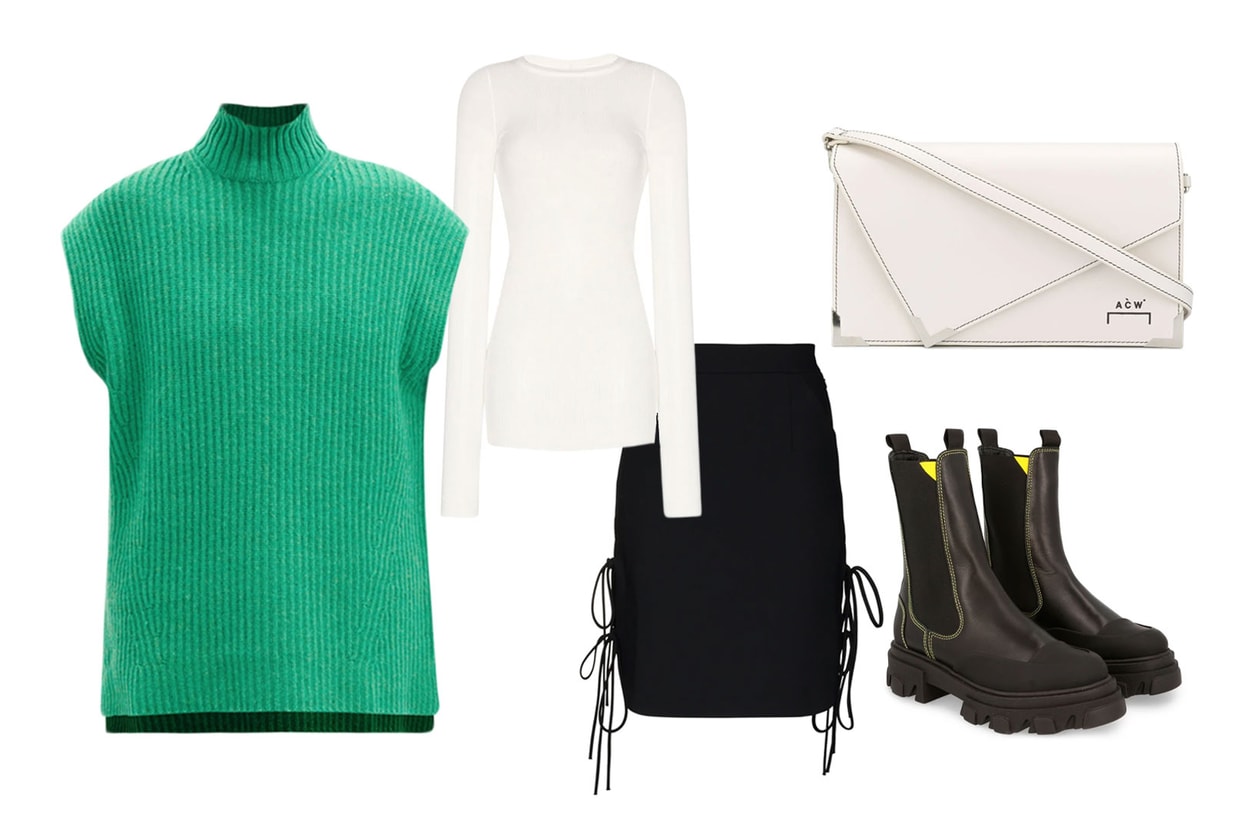 sweater vest ganni green rick owens materiel skirt a cold wall bag chelsea boots