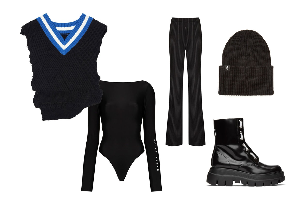 sweater knit vest all black outfits styling ader error warning clan daily paper bodysuit pants beanie msgm