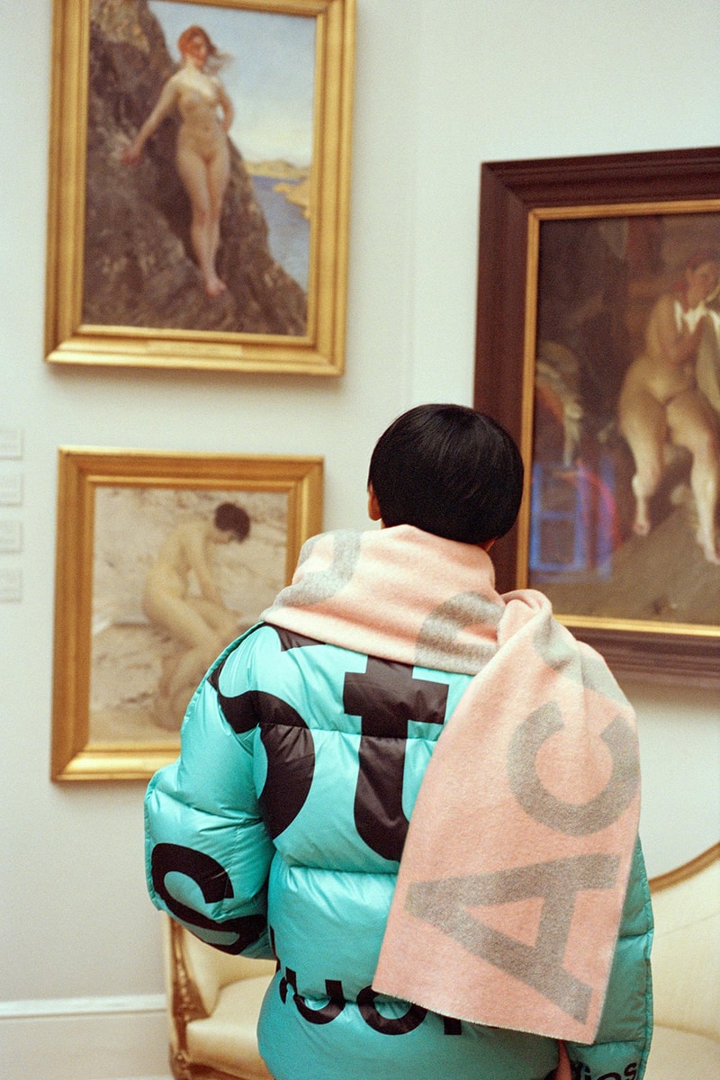 acne studios scarf collection fall winter accessories denim puffer jacket blue pink green orange