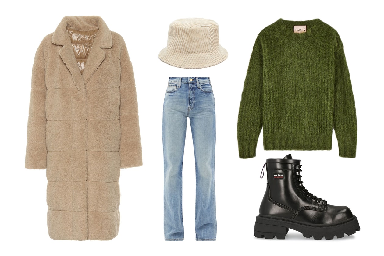 beige fall winter outfit style guide fleece shearling fur coat denim knit sweater